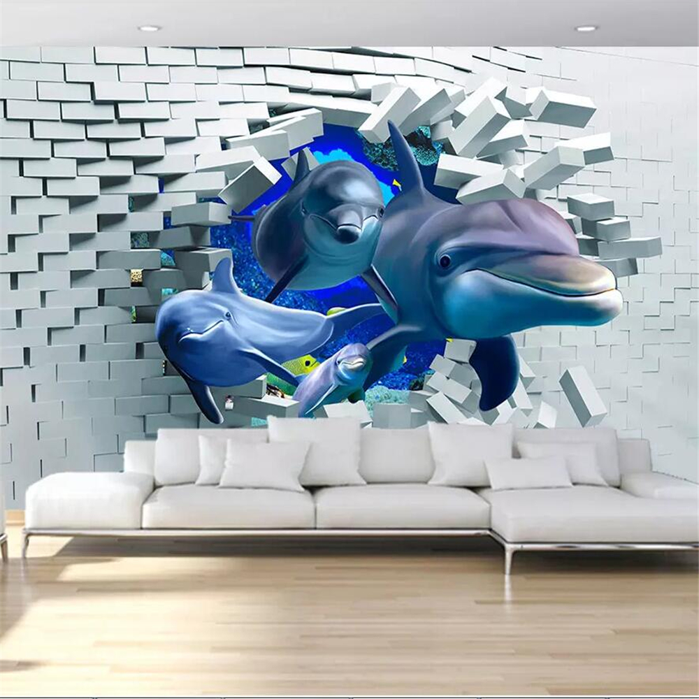 3D brick wall broken wall deep-sea animal dolphin three-dimensional living room wall custom large mural wallpaper