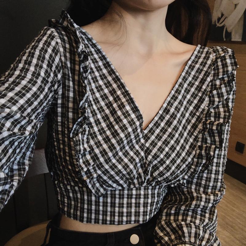 Women's Blouses & Shirts Blusas Mujer Lace Up Casual Sexy Retro V Neck Puff Long Sleeve Black White Plaid Blouse Women Short Hit Top
Women's Blouses & Shirts Blusas Mujer Lace Up Casual Sexy Retro V Neck Puff Long Sleeve Black White Plaid Blouse Women Short Hit Top