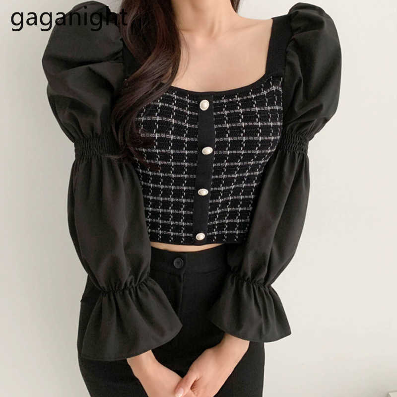 Elegant Women Knitted Patchwork Plaid Crop Blouse Puff Long Sleeve Slim Shirt Female Chic Korean Blusas Fashion Shirts 210601