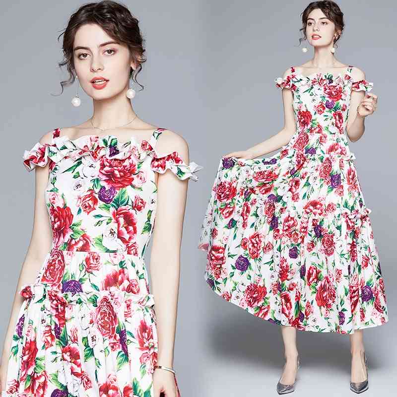 Summer Holiday Beach Long Dress Runway Women Off Shoulder Floral Rose Printed Maxi Sexy Slash Neck Swing es 210506