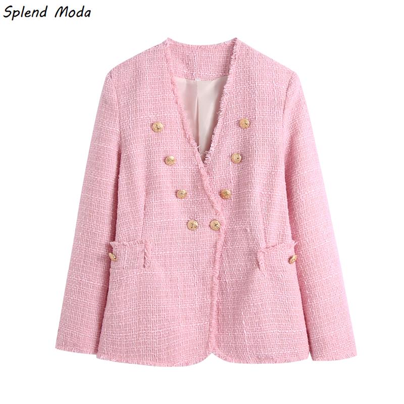 Women' Jackets Splend Moda Women Tweed Jacket V-Neck Double-Breasted Slim Long Sleeve Top 2021 Spring Autumn Chic Casual Fashion, Pink 
Women' Jackets Splend Moda Women Tweed Jacket V-Neck Double-Breasted Slim Long Sleeve Top 2021 Spring Autumn Chic Casual Fashion, Pink