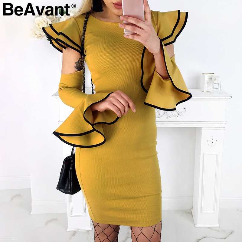 BeAvant Cold shoulder ruffles knitted dress women Flare sleeve sexy bodycon autumn dress Elegant party short dress vestidos 210709, Yellow
BeAvant Cold shoulder ruffles knitted dress women Flare sleeve sexy bodycon autumn dress Elegant party short dress vestidos 210709, Yellow