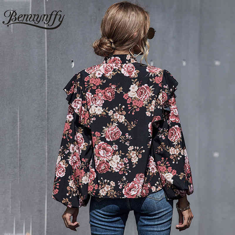 Floral Print Bow Tie Neck Ruffle Top Blouse Women Autumn Long Lantern Sleeve Office Ladies Workwear Elegant Blouses 210510
