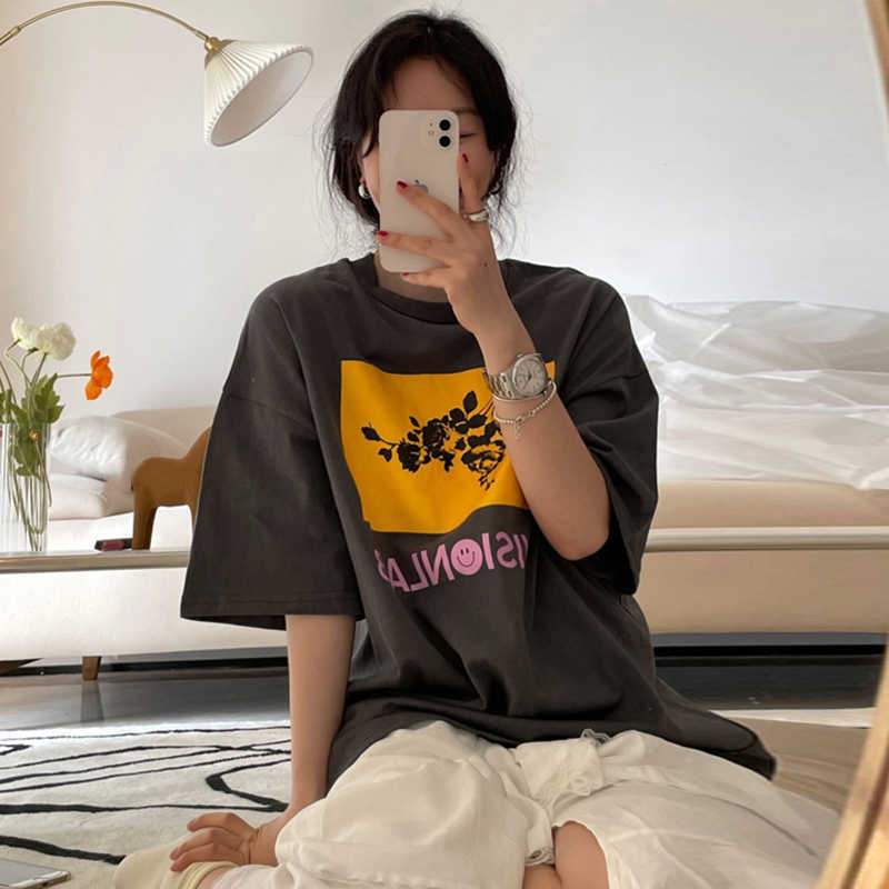 Korejpaa Women T-Shirt Summer Korean Chic Casual Round Neck Letter Flower Print Loose Versatile Short-Sleeved Pullovers 210526