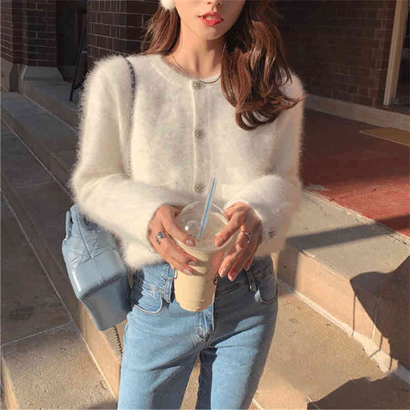Elegant Cashmere Cropped Cardigan Knitted Sweater Coat Women Kawaii Ladies Streetwear Button Up Solid Kardigany Damski 210519