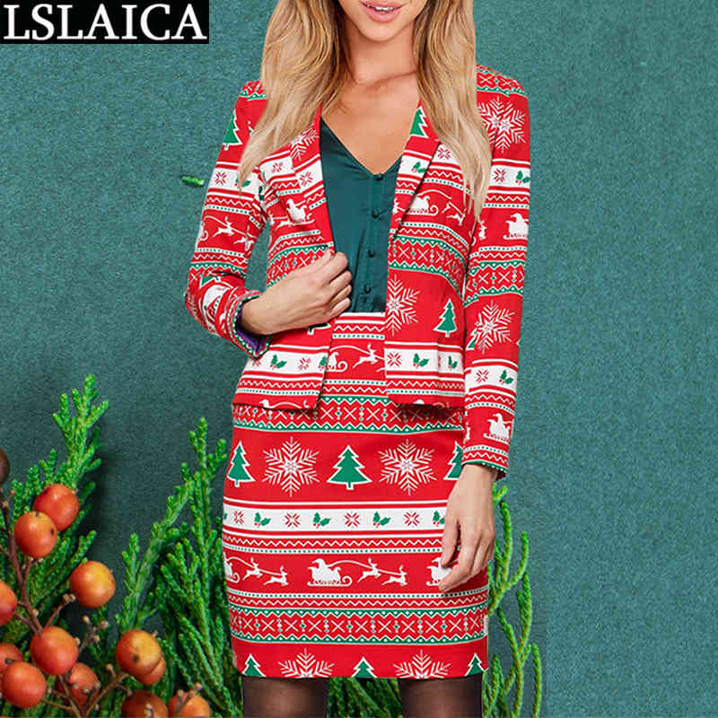 2 Pc Set for Women Floral Print Long Sleeve Blazers Tops Mini Skirt Sets Autumn Winter Office Lady Christmas Two Piece Outfits 210520