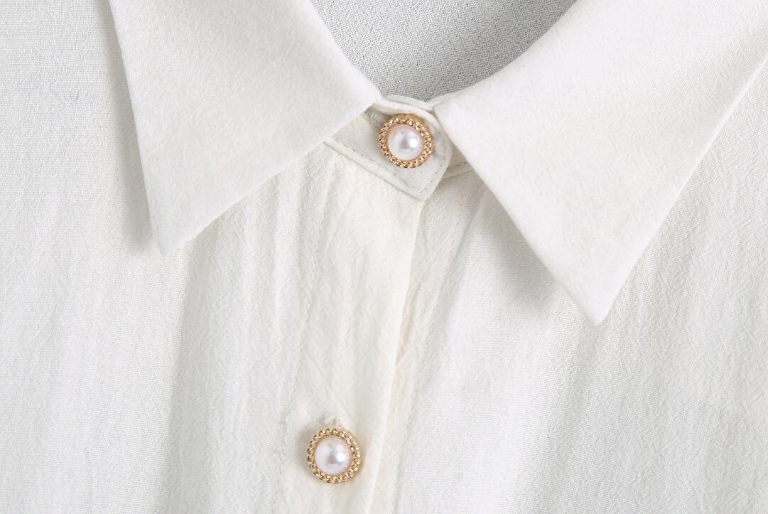 Spring Autumn Chic Lapel Pearl Buttons Women Shirt Double Pockets Loose Cotton Casual Blouse Tops Female Fashion 210429