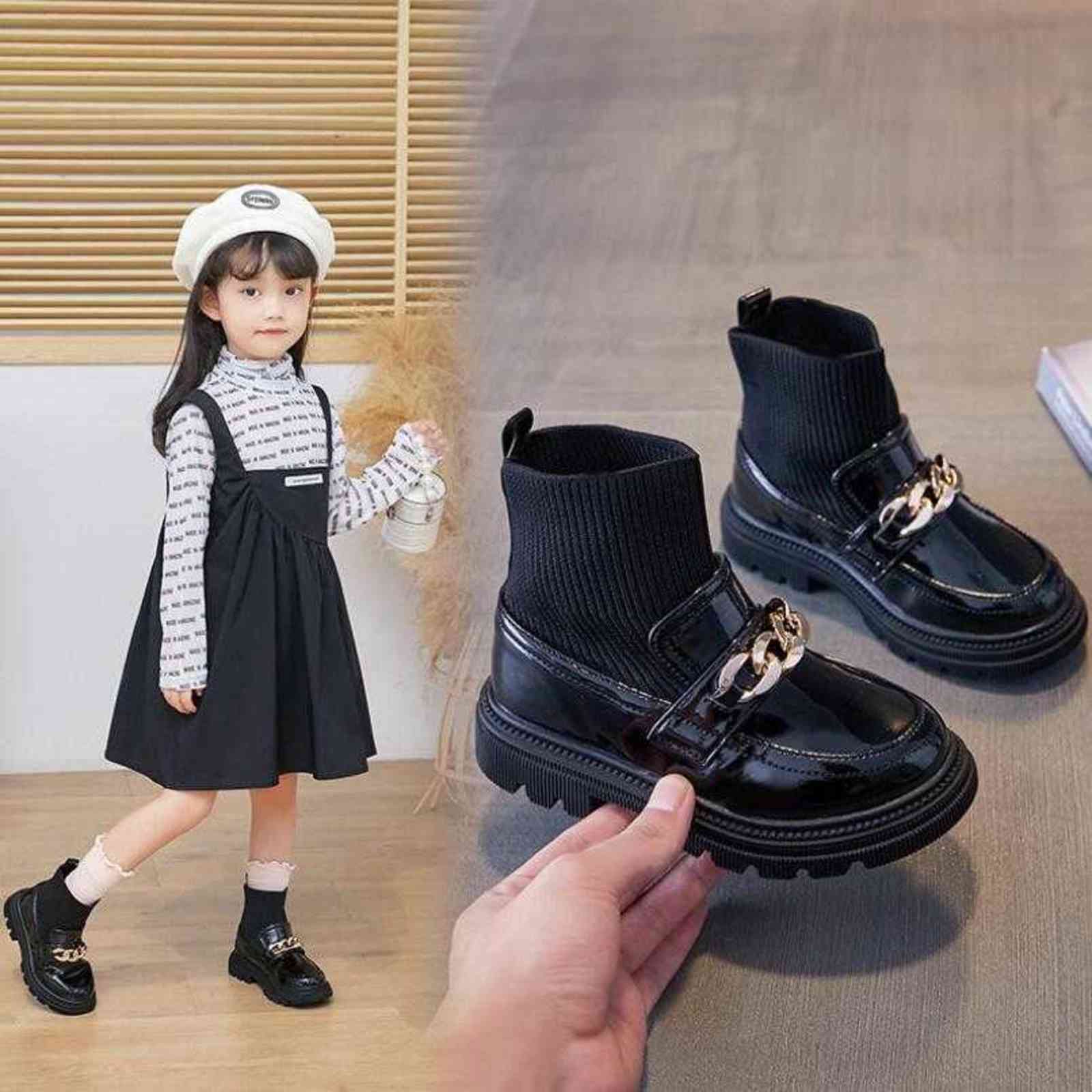 Girls Boots Spring-Fall Kids Martin Boots Knitted Children's Short Botas PU Leather Waterproof Martin Bottes Little Baby shoes 211108