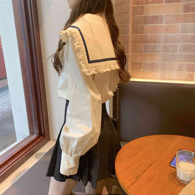 Nomikuma Women Blouse Hit Color Ruffle Peter Pan Collar Shirt Autumn New Double Breasted Long Sleeve Blusas Mujer 6D668 210427