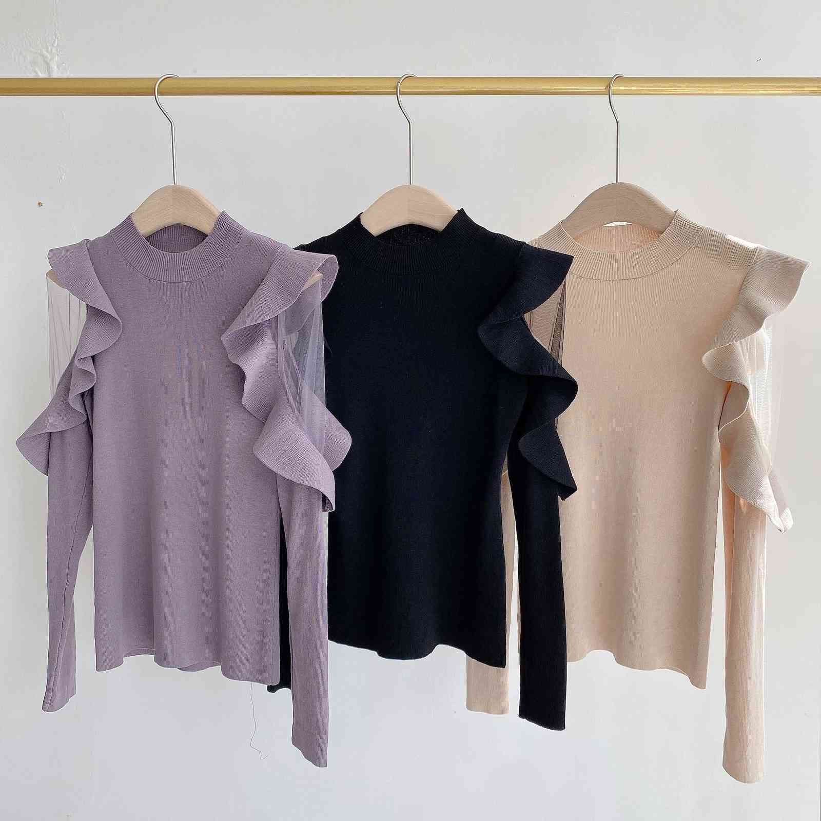 Kuzuwata O Neck Pullover Long Sleeve Knit Sweater Women Ruffles Patchwork Slim Fit Pull Femme Spring Sueter Mujer 211109