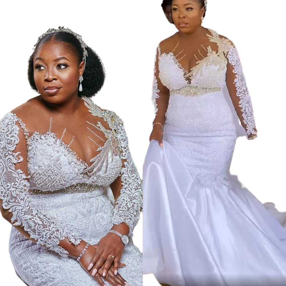 Luxury African White Lace Mermaid Wedding Dresses Bridal Gows With Long Sleeves Crystals Beads Appliqued Belt Plus Size Bride Formal Dress Chapel Vest