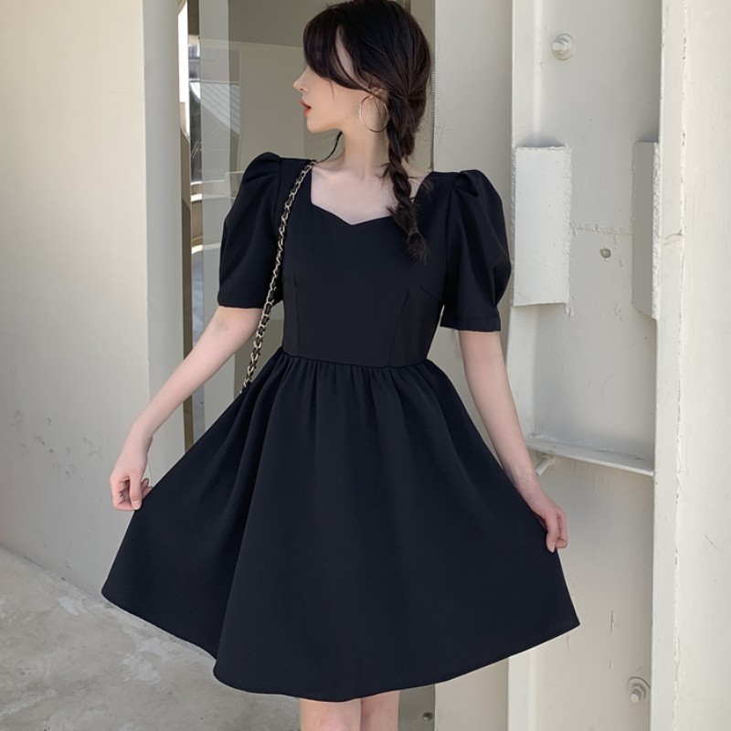 Sexy Sweet Backless Bow Mini Dress Summer Korean Casual Vintage Girl Puff Sleeve Slim Solid Party Dress 210518