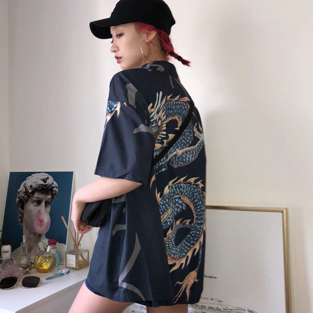 Summer Short Sleeve Dragon Print Shirts Women Loose Harajuku Blouse Female Chinese Style Tops and Blouses Streetwear 210428