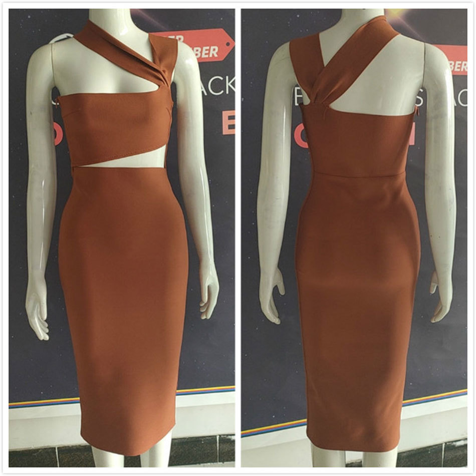 Free Women's Irregular Bandage Dress Sexy Sleeveless Hollow Bodycon Midi Brown Club Party Vestidos 210524