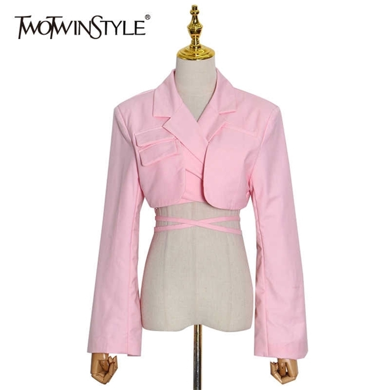 TWOTWINSTYLE Cross Short Black Blazer For Women Notched Long Sleeve Hollow Out Casual Blazers Female Fashion Clothing 211120