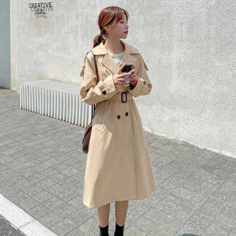 Yedinas Fall /Autumn Casual Women Long Trench Coat Double Breasted Simple Classic Windbreaker Korean Outwear with Belt 210527