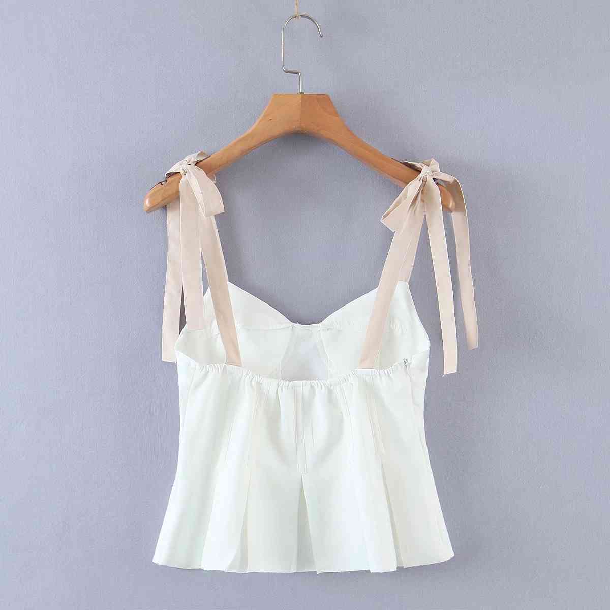 Summer Tie Bow Strap Patchwork White Pleated Camis Women Retro Girl Sexy Slim Crop Top Short Tees 210429