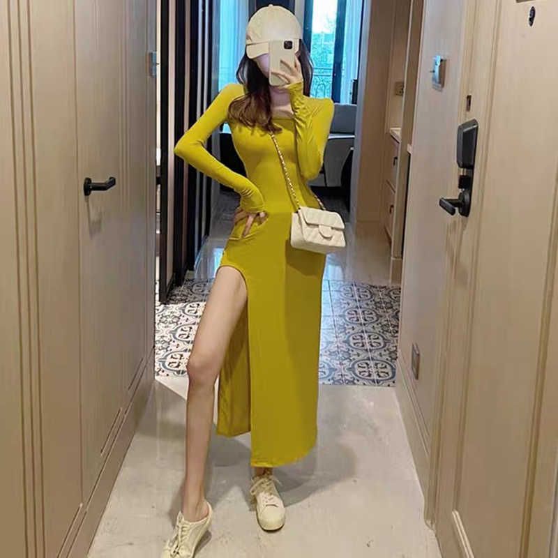 Spring and autumn long-sleeved slit dres elegant temperament Midi side slim long solid color 210604, Black
Spring and autumn long-sleeved slit dres elegant temperament Midi side slim long solid color 210604, Black