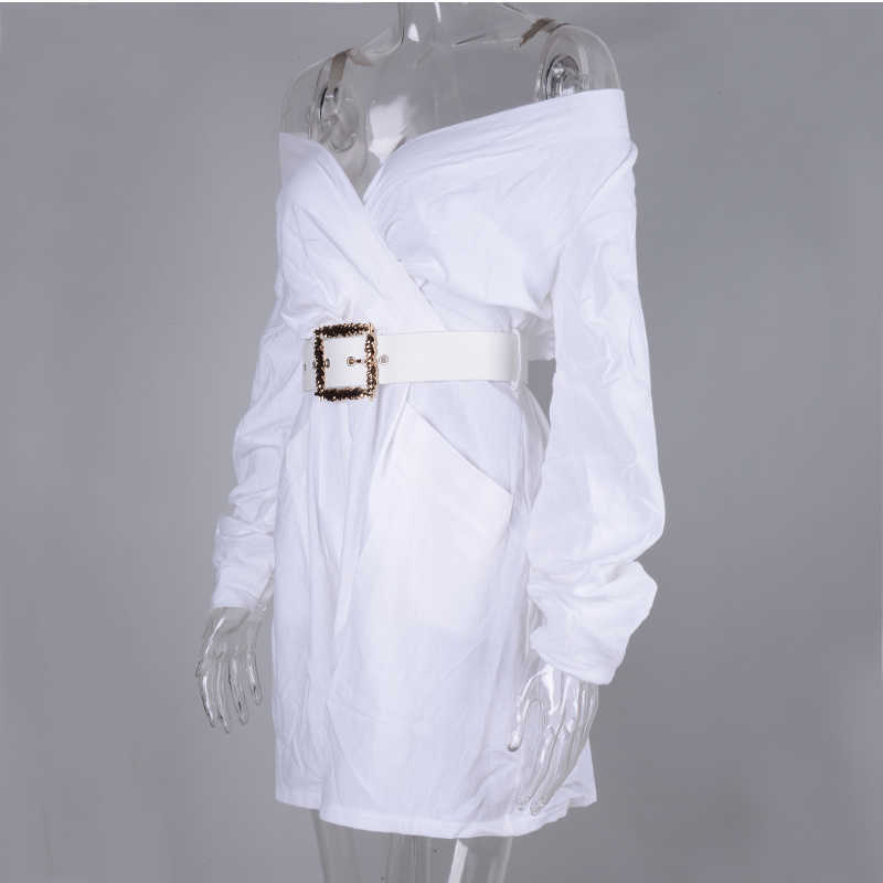 Colysmo Autumn Dress Women Off Shoulder Mini White Sexy With Belt V-neck Party Club Wear A-line Casual Elegant 210527