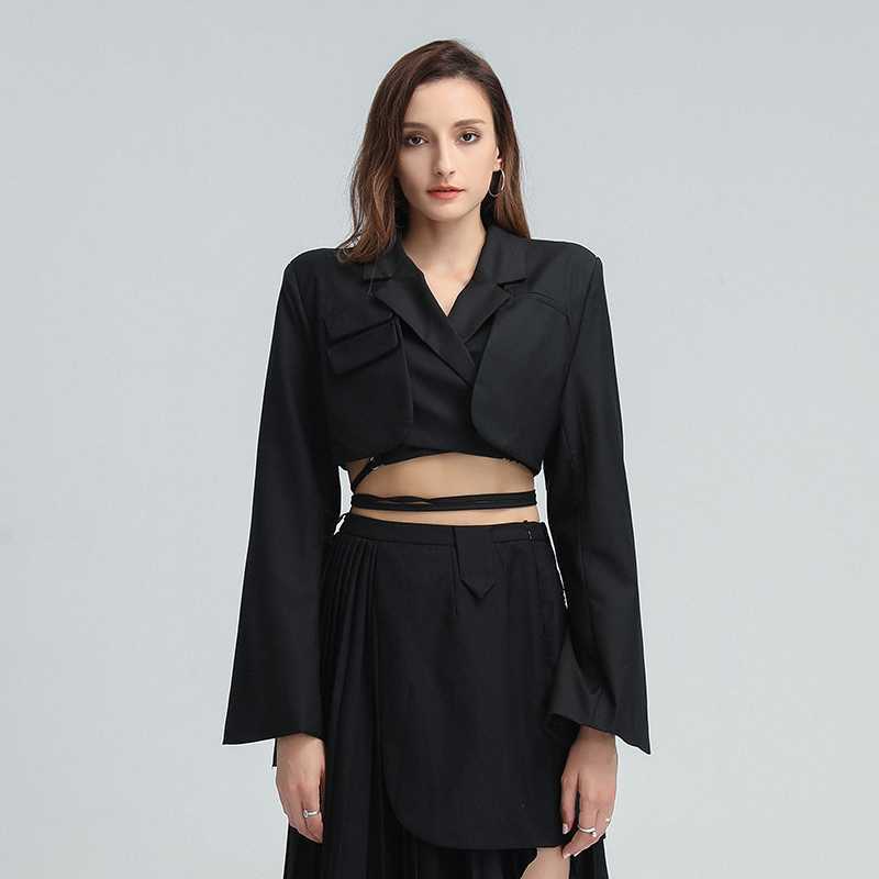 TWOTYLE Patchwork Bandage Blazer For Women Notched Collar Long Sleeve Hollow Out Plus Size Coat Female Korean Clothing 210930