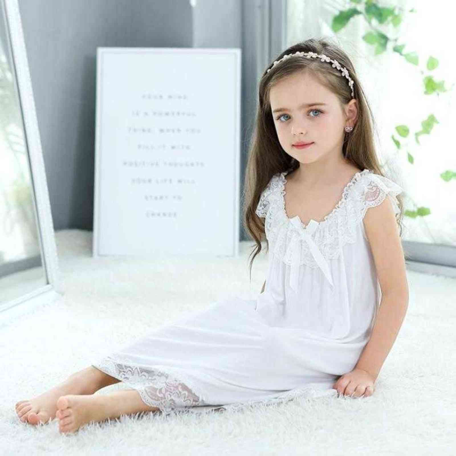 Summer Children's Girls Dress Sleepwear White Lace Cotton Princess Vintage Nightgowns Baby Nightdress Kids Clothes Vestidos 211105