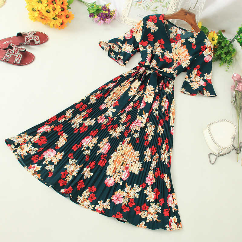 Ly Varey Lin Summer V Neck Flare Sleeve Chiffon Dress Women Vintage Floral Print High Waist Lace-up Pleated Midi Vestidos 210526