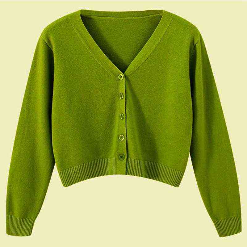 Pink Cardigan Womens Long Sleeve Cropped Green Sweater Fashion Knitted Womens Clothing Solf V-neck Tops Green 211117