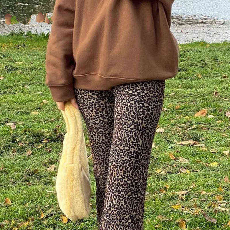 Y2K Pants E Girl Trousers Women Animal Leopard Flare Skinny Pant Two-layers Mesh Aesthetic Female Sweatpants Spring Lady Bottoms 211115