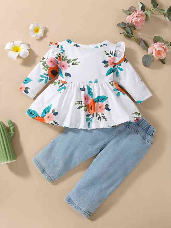 Baby Floral Print Ruffle Trim Peplum Top & Ripped Frayed Jeans SHE