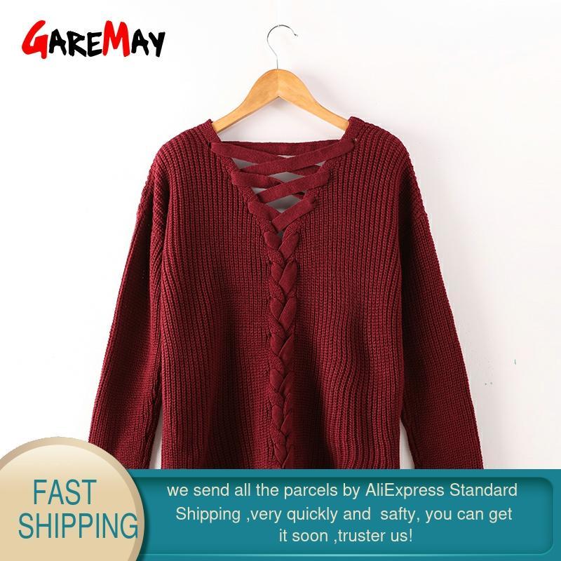 Knitted Sweater Women Autumn Fall Fashion Backless V Neck Jumpers Ladies s Wine Red Female Pullover 210428