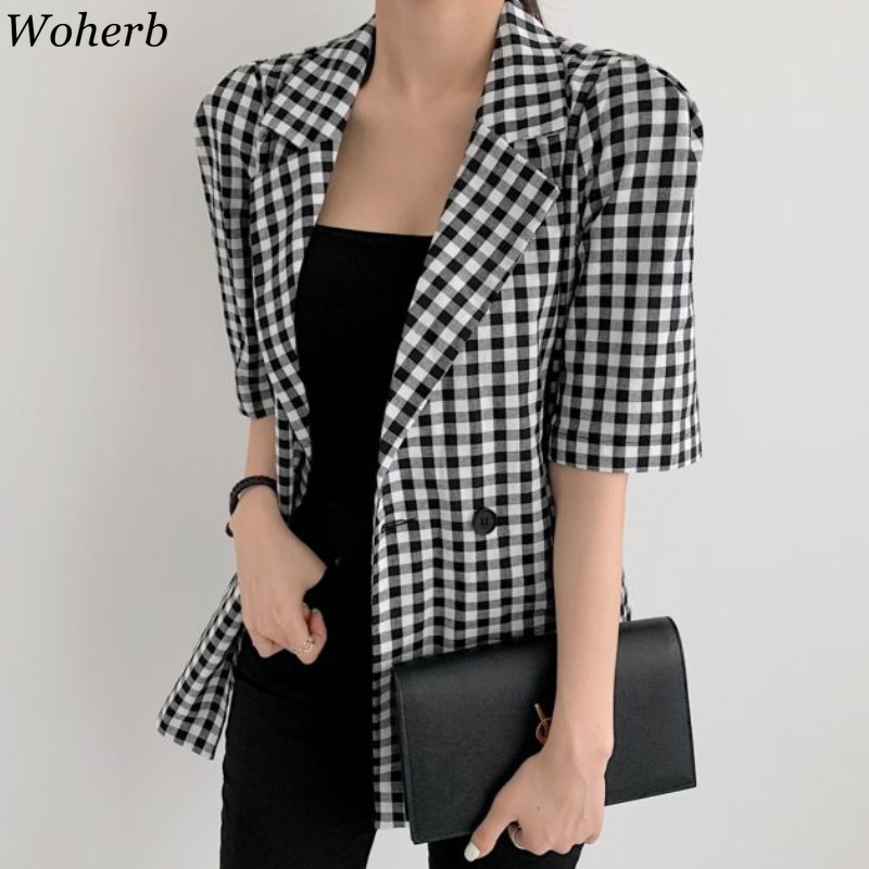 Vintage Plaid Suit Blazer Women Korean Casual Elegant Loose Jacket Fashion Wild Double Breasted Temperament Coat Tops 210519