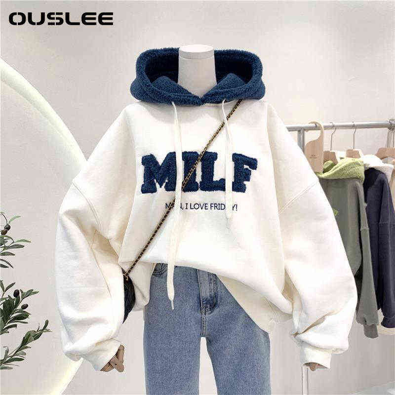 OUSLEE Fashion Patchwork Oversize Sweatshirt Women Winter Casual Loose Cotton Thick Letter Long Sleeve Hoodies Female Streetwear 211108