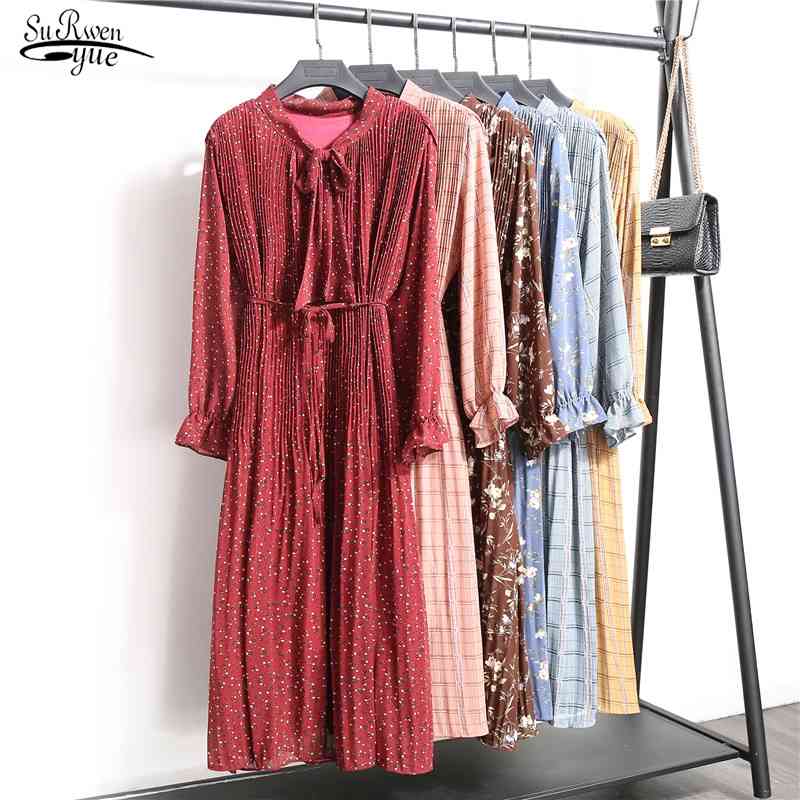 Korean Fashion Women Long Sleeved Print Pleated Dress Vintage Elegant Clothes Spring Lady Chiffon Floral 8538 50 210508
