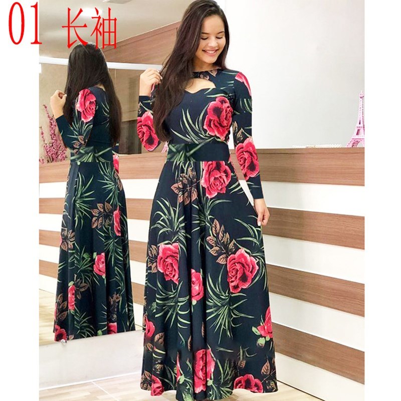 

Elegant Spring Autumn Women Dress Casual Bohmia Flower Print Maxi es Fashion Hollow Out Tunic Vestido Plus Size -5XL 210517, G long