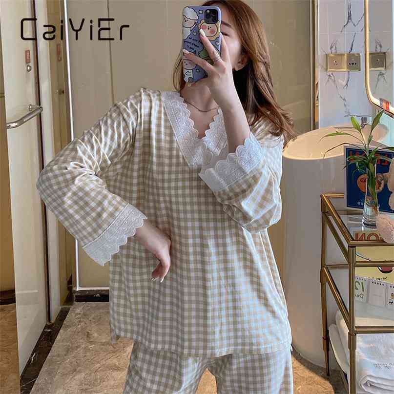 CAIYIER Women Grid Pajamas Set Princess Sweet Fashion Cute Sleepwear Sexy Lace Long Sleeve Pant V-Neck Loose Homewear 2Piece/Set 210924