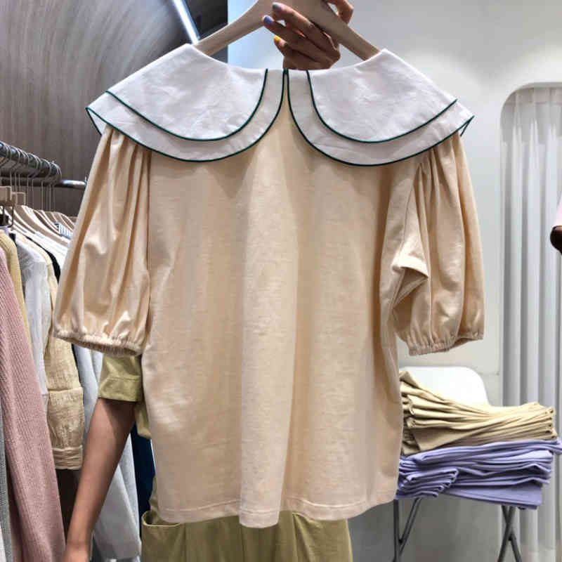 Nomikuma Contrast Color Double Peter Pan Collar Doll Shirt Causal Puff Sleeve Korean Women Tops Summer Sweet Blouse 6H022 210427
