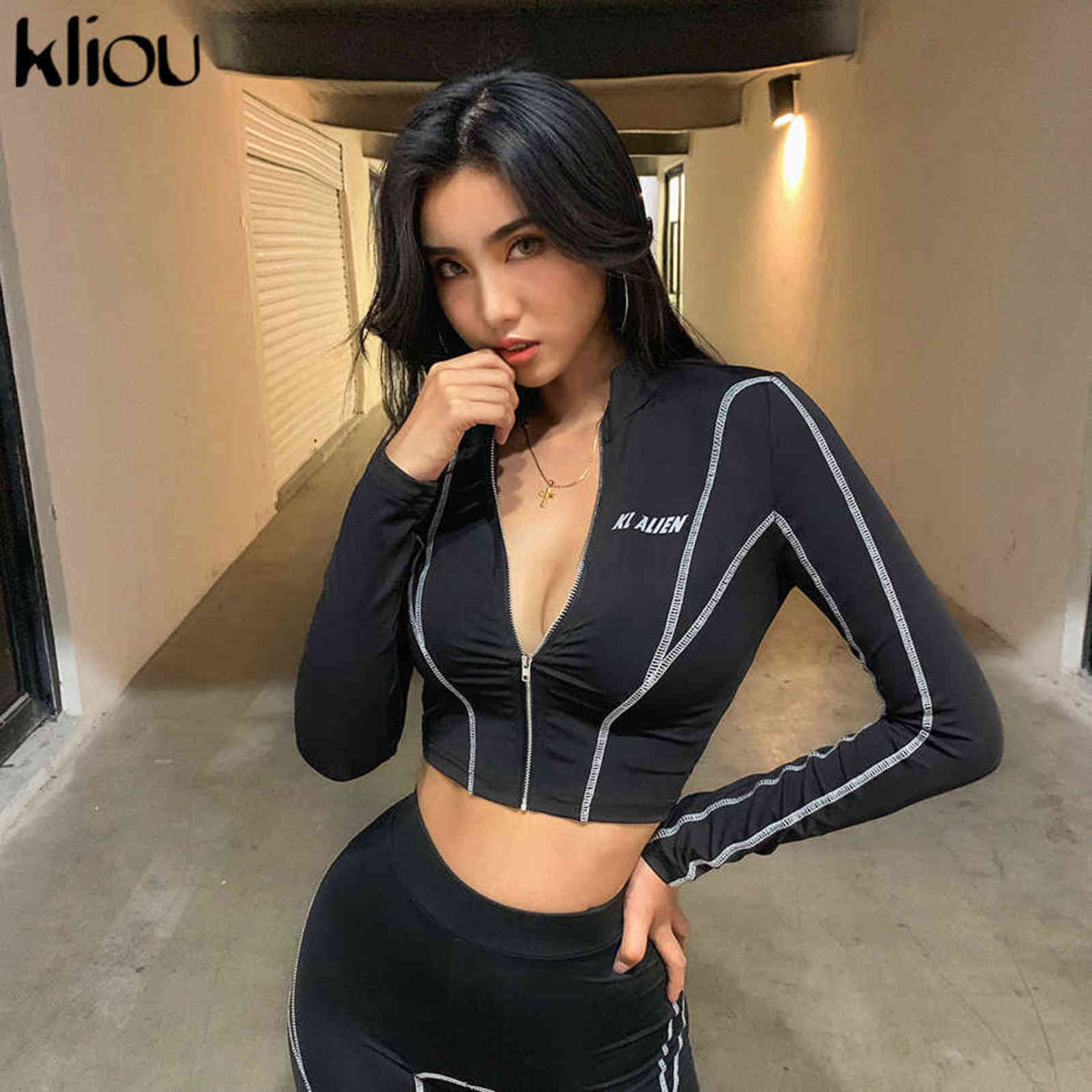 kliou women 2 pieces set fitness tracksuit long sleeve zipper crop top+leggings fashion reflective letters sportswear outfits 211105