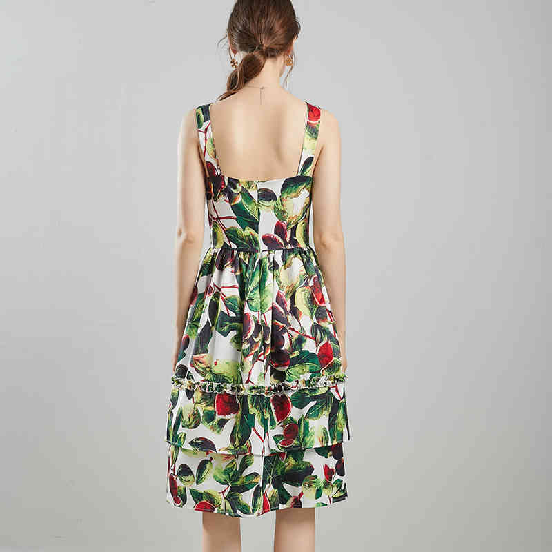 est Summer Fashion Square Collar Spaghetti Strap Sleeveless A-Line Print Slim Knee Dress Women Pleated 210506