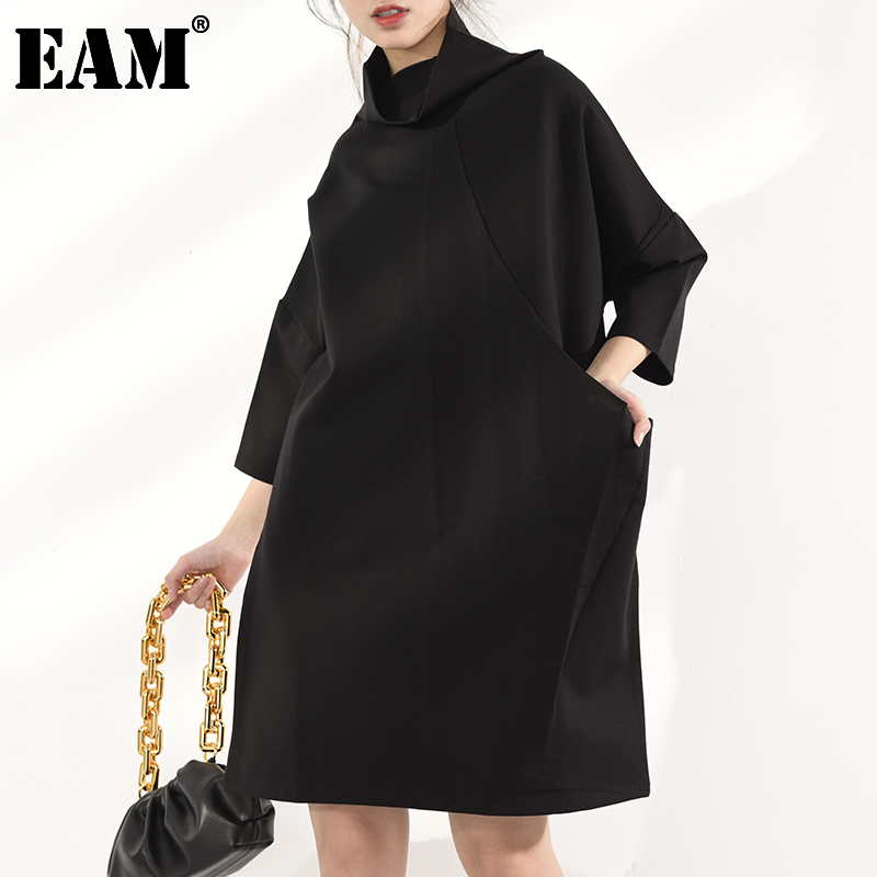 [EAM] Women Black Leisure Big Size Dress Turtleneck Three-quarter Sleeve Loose Fit Fashion Spring Autumn JL23001 21512