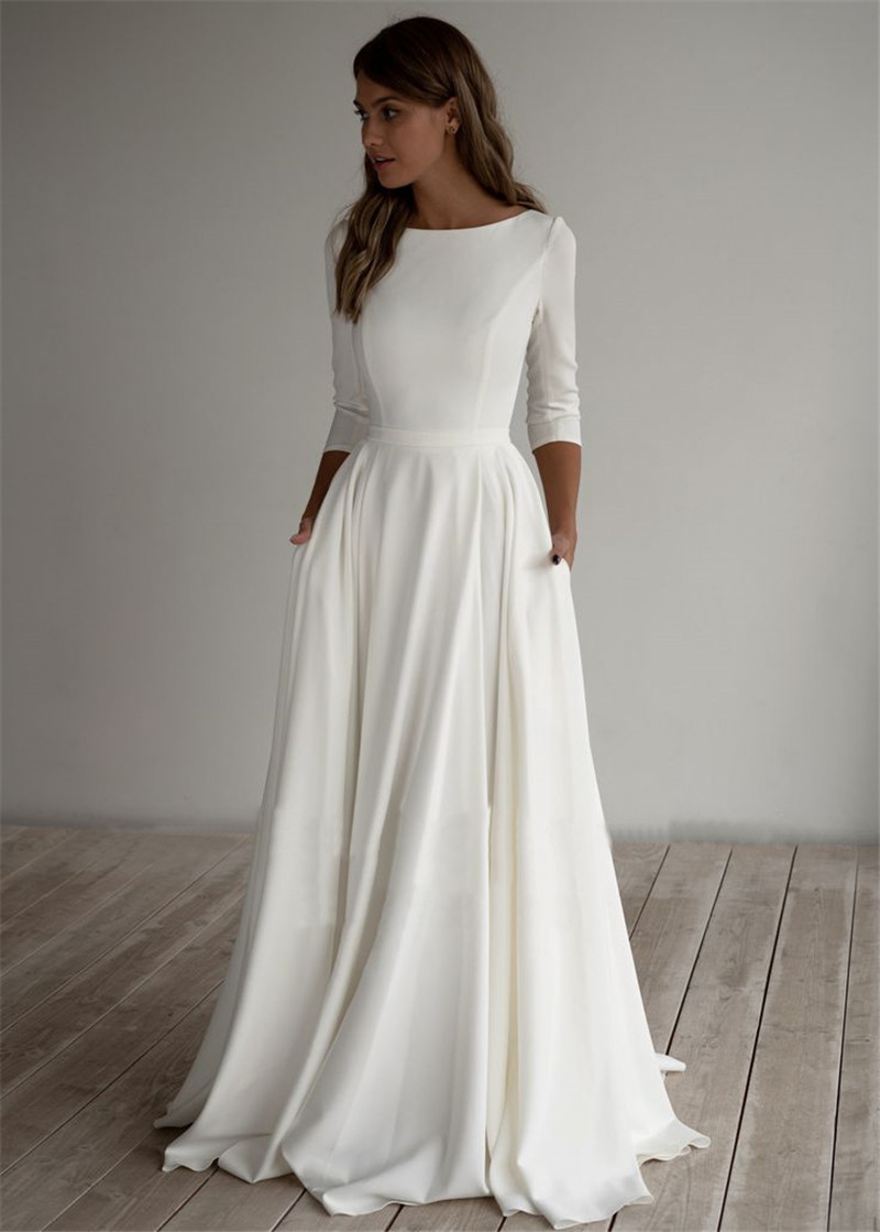 Simple Wedding Dress Long Sleeves A Line Crepe Boat Neck Elegant Bridal Dresses With Pockets Plus Size robe de mariee Free shipping