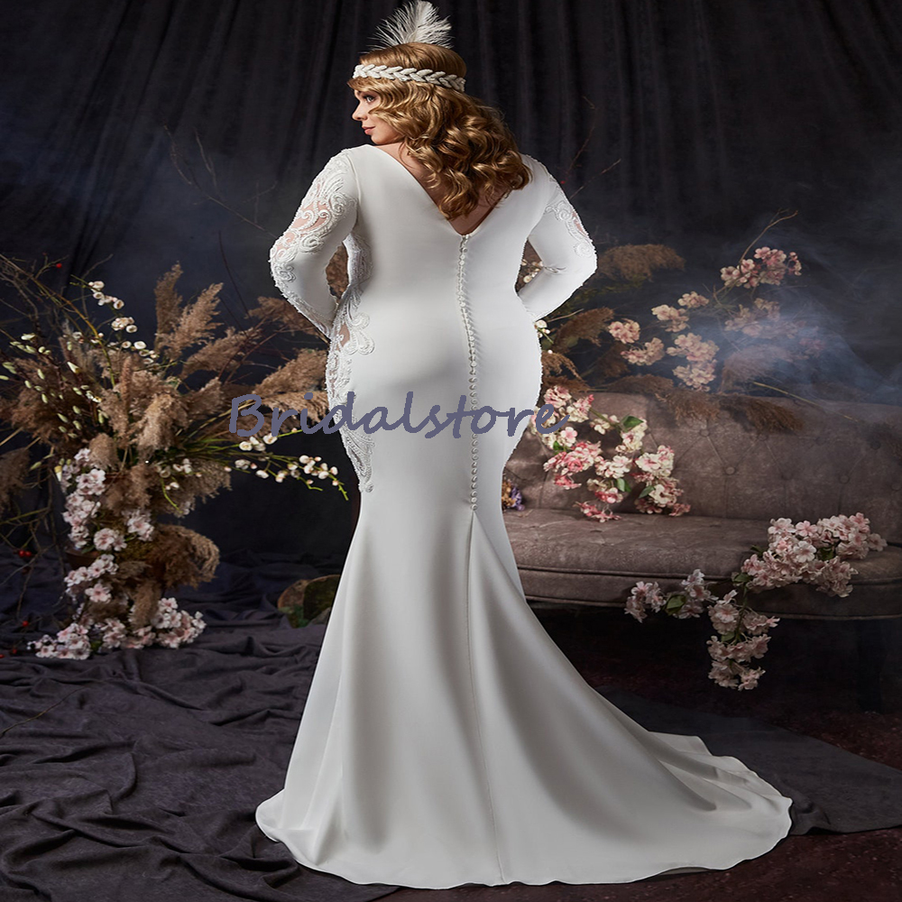 Large Size Boho Mermaid Wedding Dress 2022 Simple Long Sleeve Bohemian Civil Wedding Dresses Floor Length O Neck Country Bridal Party Wear Engagement 