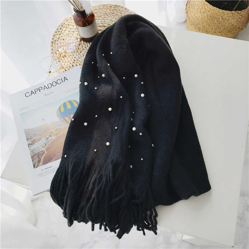 Luna&Dolphin Women Winter Scaves Warm Knitted White Pearl Nail Bead Soft Scarves Tassel Woolen Big Tippet Pashmina Blanket Shawl 220114