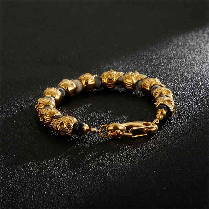KALEN Punk Skull Charm Bracelet Men Stainless Steel 8mm Natural Stone Beads Beaded Brecelets Male Gothic Jewelry 210323