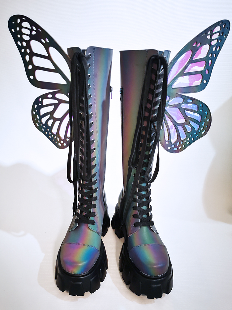 Fashionable Ladies Colorful Butterfly Wings Knee Boots Cross-tie Thick-soled Transparent Party Club Shoes