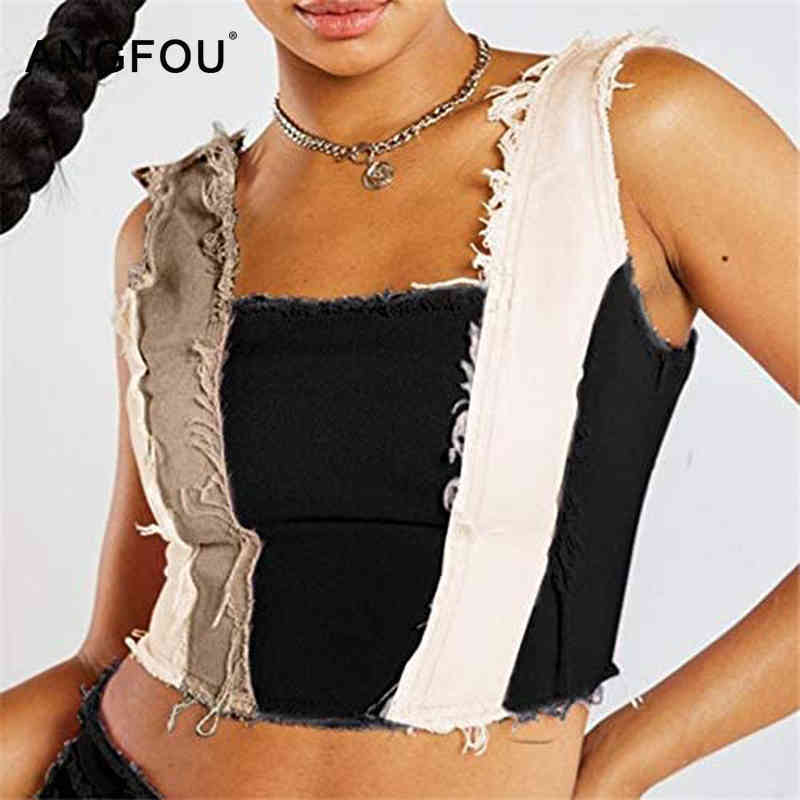 Fashion Ladies Patchwork Vest Summer Sleeveless Denim Vest Cropped Woman Sexy Clothes Women Short Tank Club Denim Top 210515