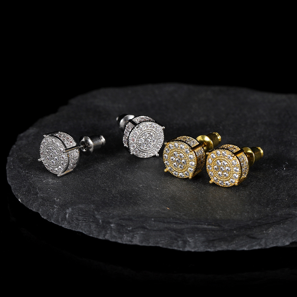 Hip Hop Round Stud Earring Bling 18K Real Gold Plated Prevent Allergy Earrings for Men Women Gift