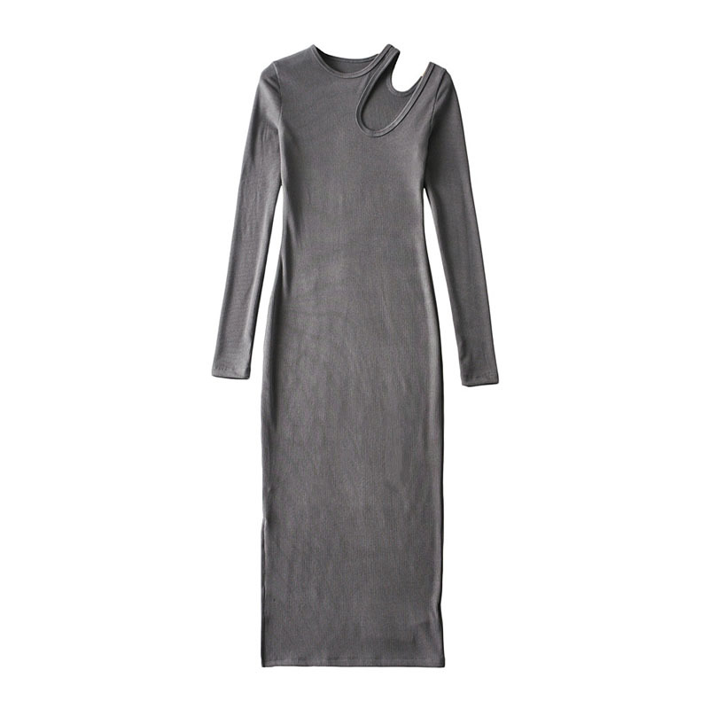 Long Sleeve Slit Cutout Round Neck Pullover Women's Dress Vintage Threaded Slim Hip-Knit Bottom Skirt Chic Female Dresses 210507