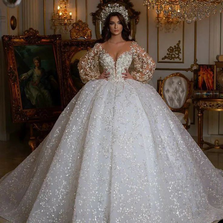 Dubai Vestidos Novia Ball Gown Wedding Dress 2022 Long Sleeve 3D Flower Lace Luxury Bridal Gowns Crystal Beads Bride robes de mariée
