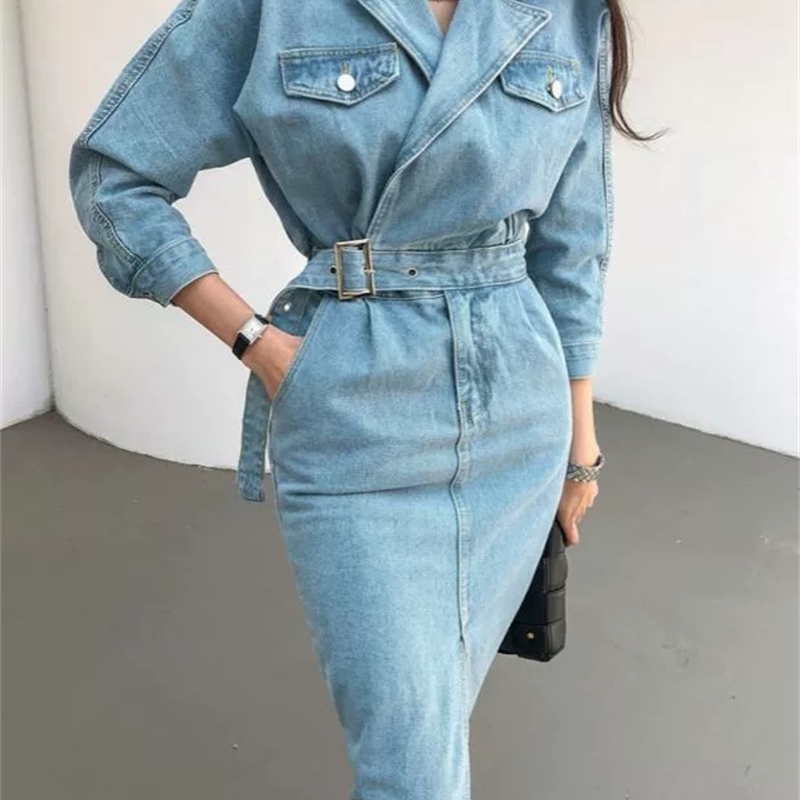 Women Denim Dress Autumn Casual Vintage High Elastic Waist Sexy Split Streetwear Long Vestidos 210520