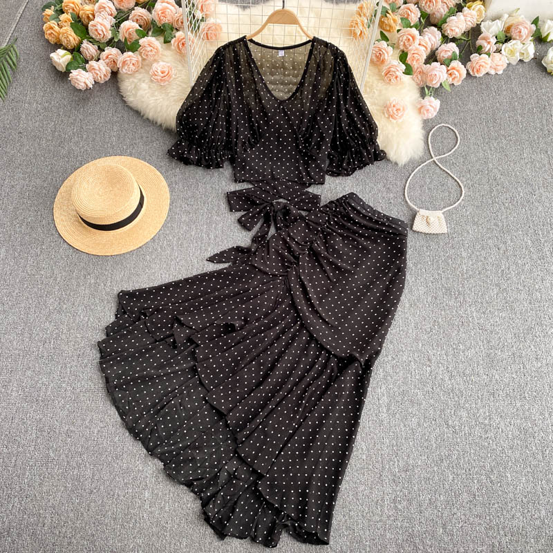 Sexy Polka Dot Chiffon 2pcs Set Women Elegant Flare Sleeve Short Bandage Tops + Ruffle Irregular Skirt Female Two Piece Suit New, Black;gray
Sexy Polka Dot Chiffon 2pcs Set Women Elegant Flare Sleeve Short Bandage Tops + Ruffle Irregular Skirt Female Two Piece Suit New, Black;gray